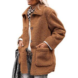 Women’s Brown Faux Fur Coat Long Sleeve Lapel Button Down Fleece Sherpa Jacket